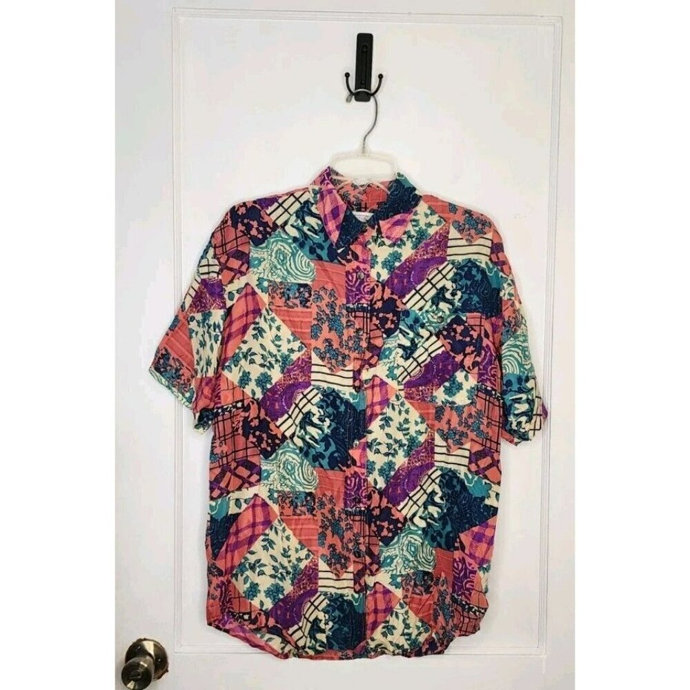 Compagnie Internationale Whistles Medium Button Front Shirt 100% Silk Patchwork